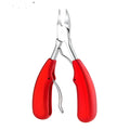 Stainless steel nail clippers on a white background showing red trumpet and black olecranon design variants.