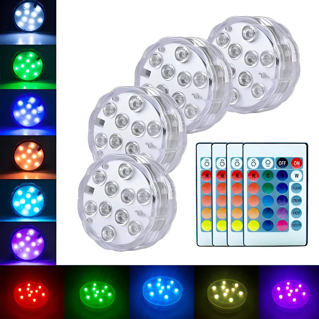 Swimming pool decorative light with remote control showing IP68 waterproof rating and 70mm diameter