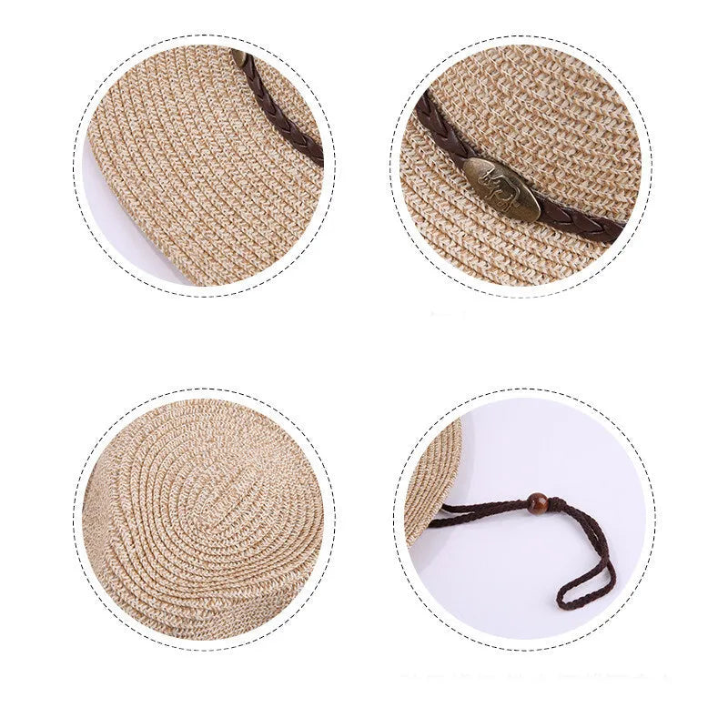 Unisex papyrus wide brim sun hat with adjustable chin strap wind lanyard, in brown, on neutral background