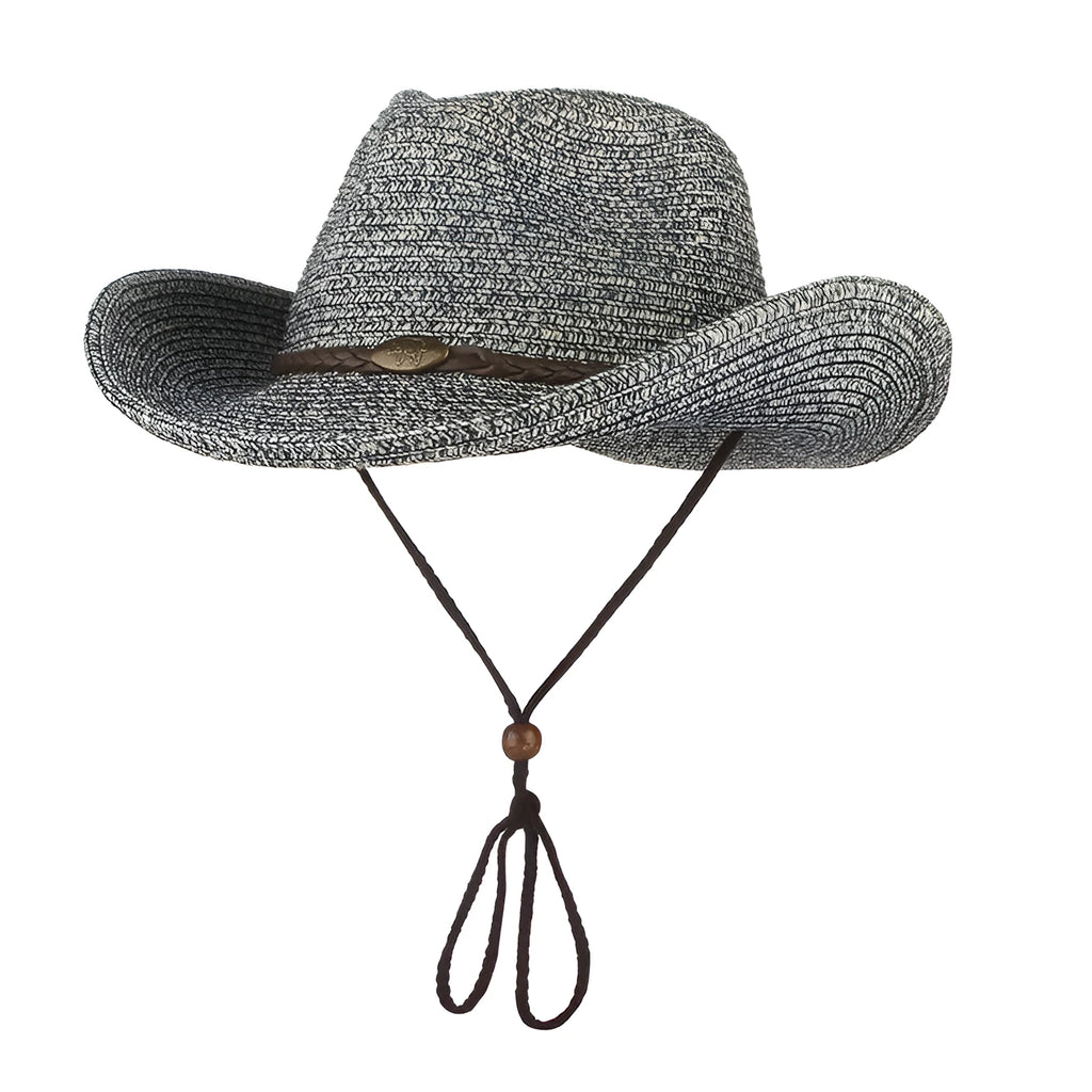 Unisex papyrus wide brim sun hat with adjustable chin strap wind lanyard, in brown, on neutral background