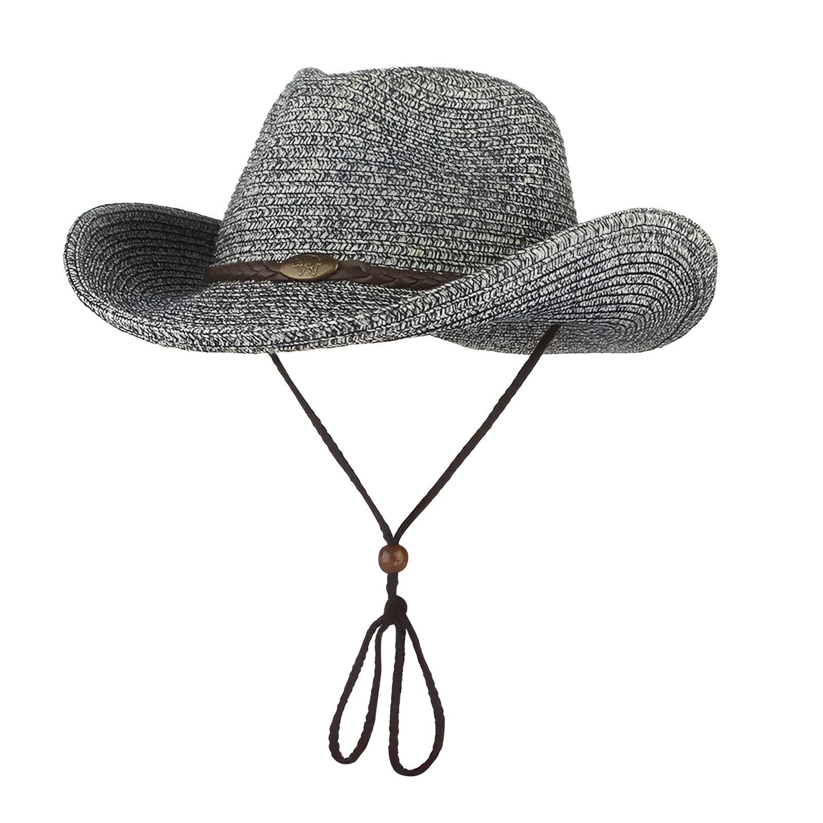 Unisex papyrus wide brim sun hat with adjustable chin strap wind lanyard, in brown, on neutral background