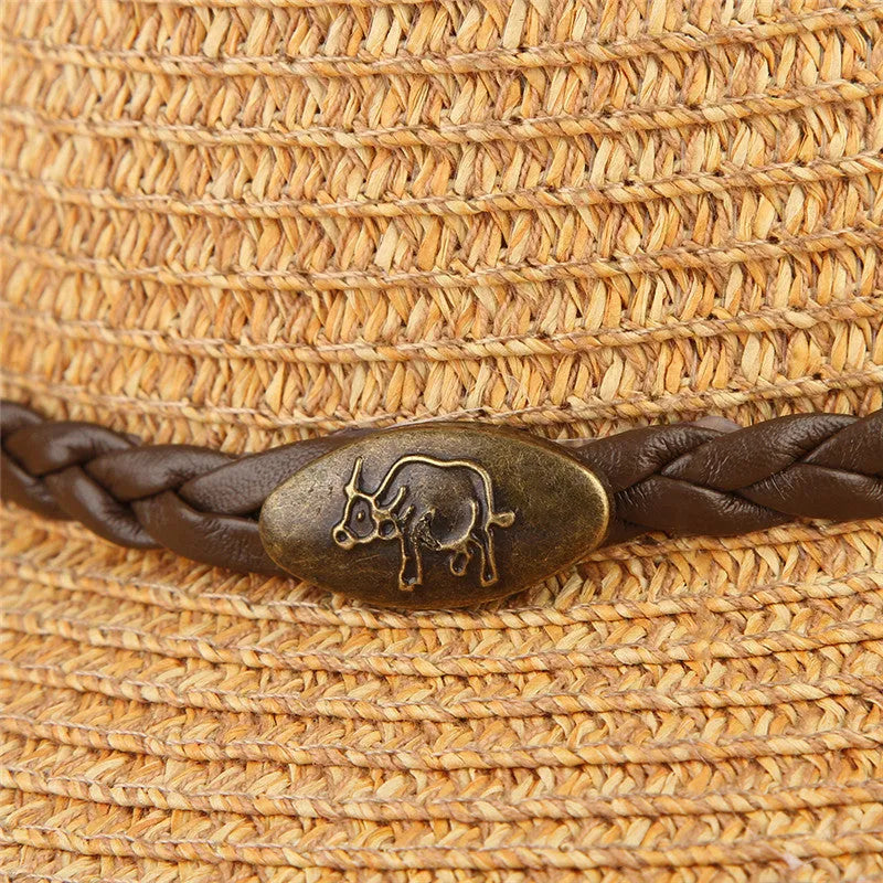 Unisex papyrus wide brim sun hat with adjustable chin strap wind lanyard, in brown, on neutral background