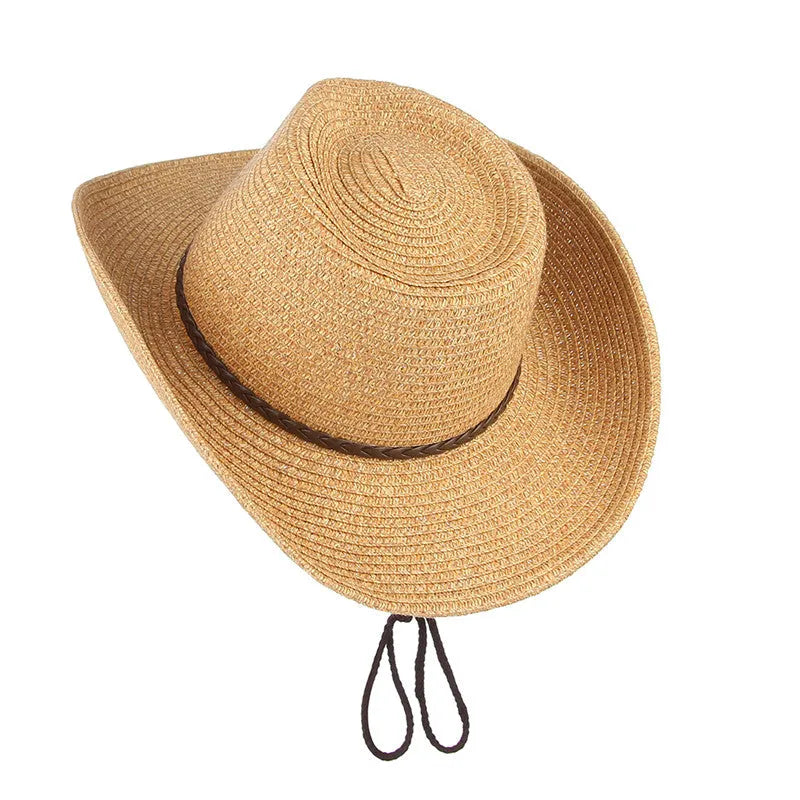 Unisex papyrus wide brim sun hat with adjustable chin strap wind lanyard, in brown, on neutral background