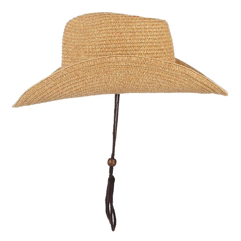 Unisex papyrus wide brim sun hat with adjustable chin strap wind lanyard, in brown, on neutral background