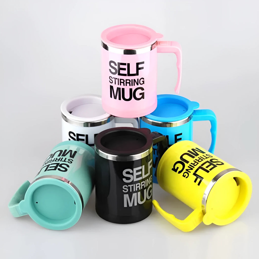 Self stirring coffee mug with button design and lid in black stainless steel and plastic