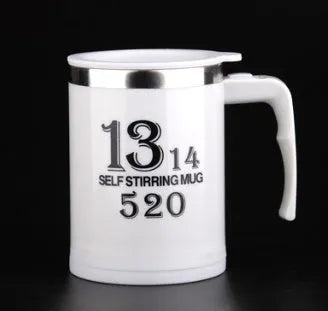 Self stirring coffee mug with button design and lid in black stainless steel and plastic
