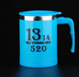 Self stirring coffee mug with button design and lid in black stainless steel and plastic