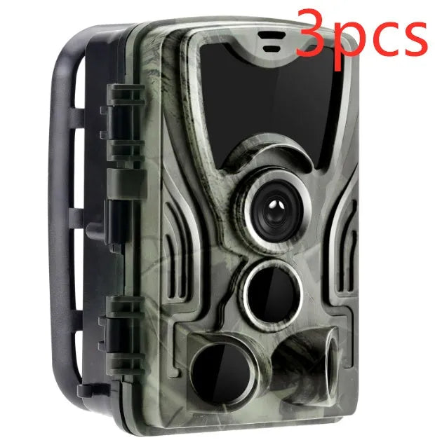 Green camouflage cellular trail game camera for hunting with infrared LEDs.