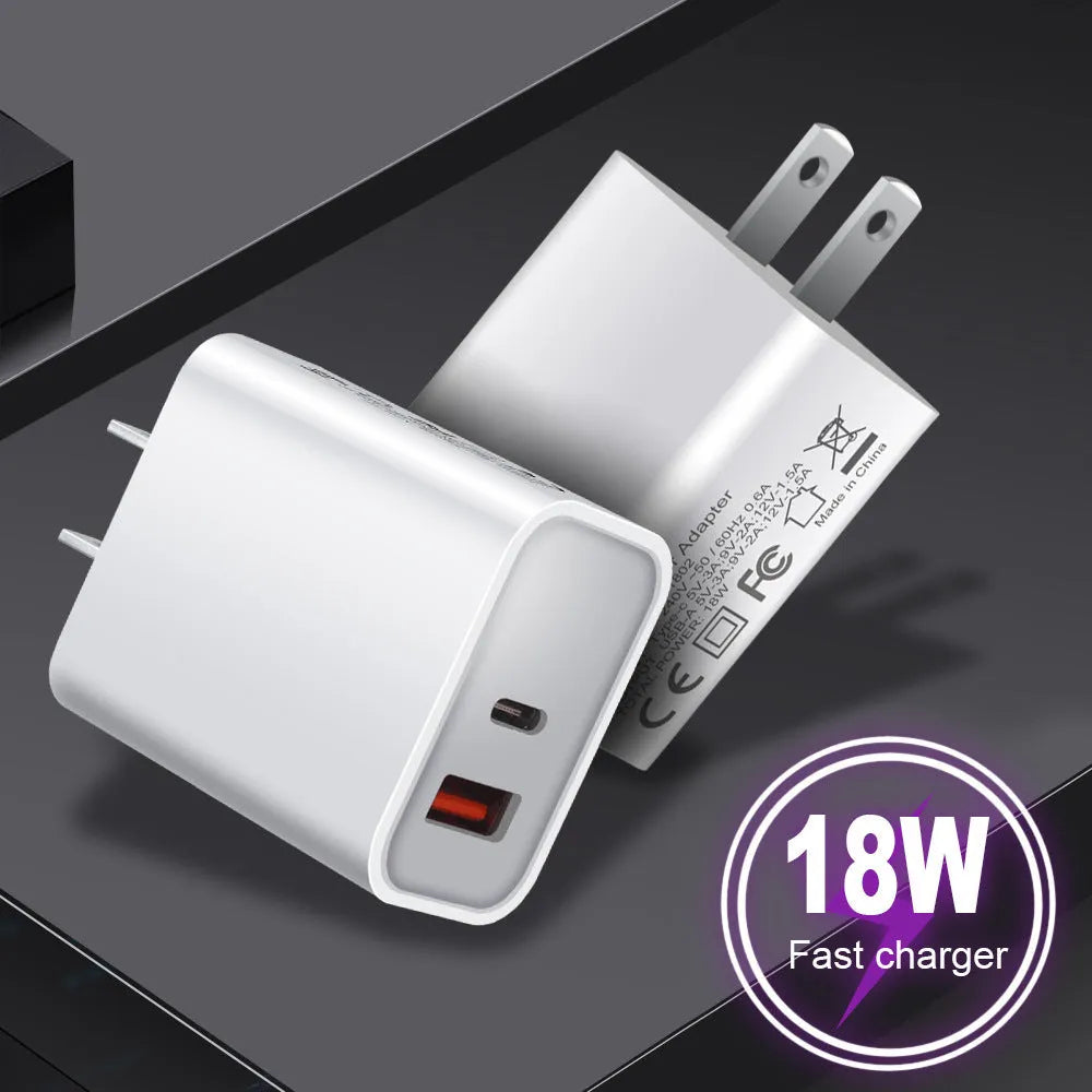 White 18W USB PD fast wall charger with dual ports and a choice of US, UK, or EU plug