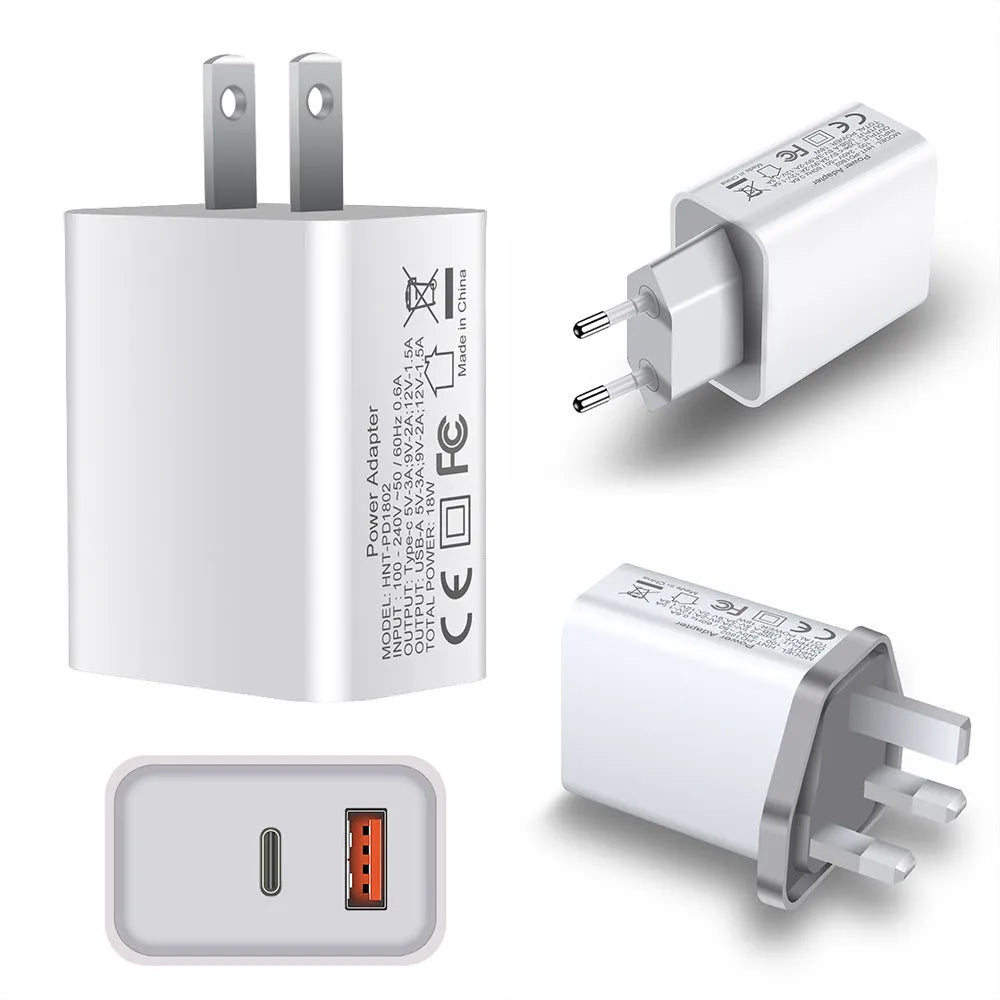 White 18W USB PD fast wall charger with dual ports and a choice of US, UK, or EU plug