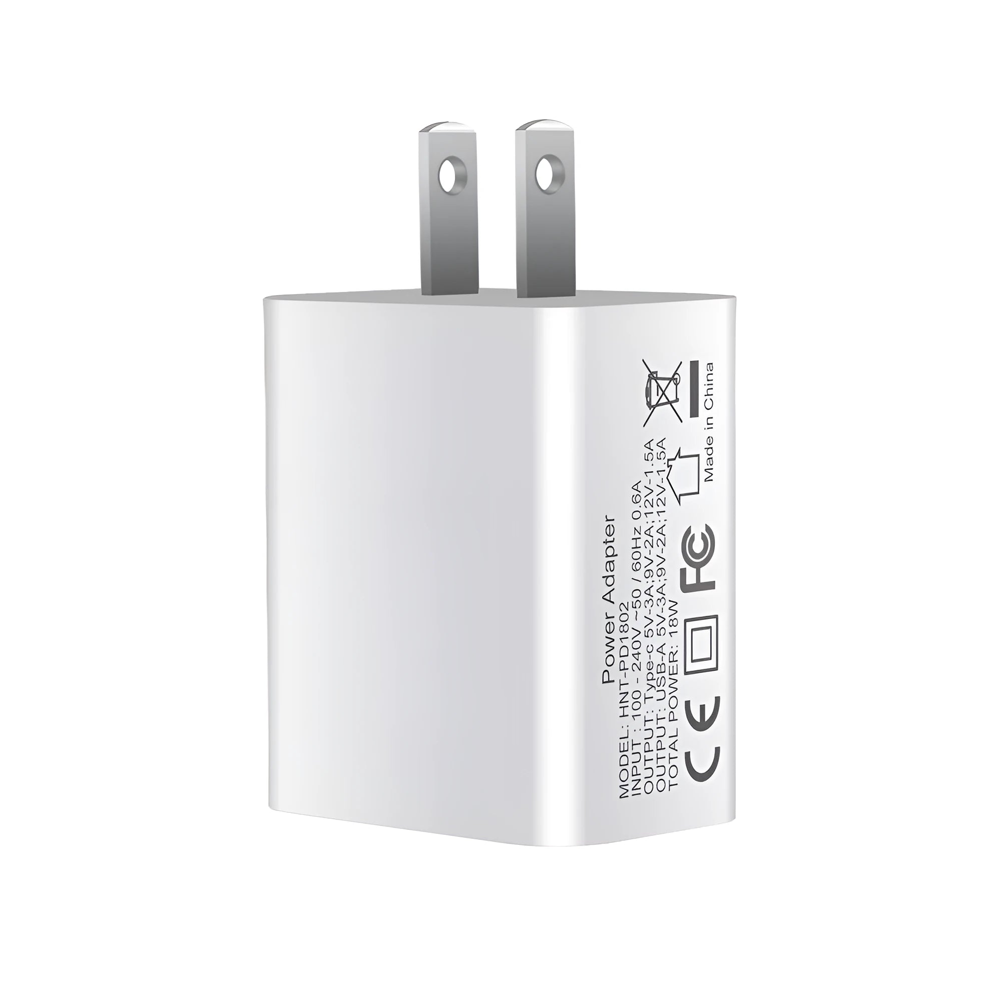 White 18W USB PD fast wall charger with dual ports and a choice of US, UK, or EU plug
