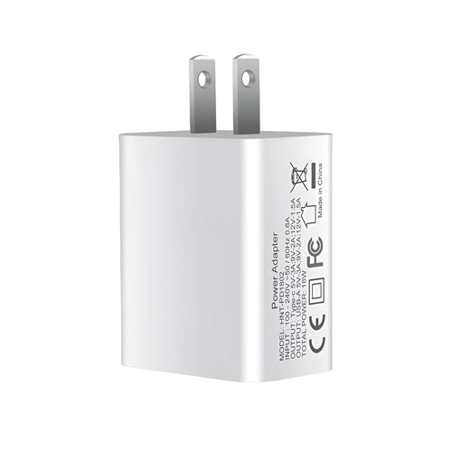 White 18W USB PD fast wall charger with dual ports and a choice of US, UK, or EU plug
