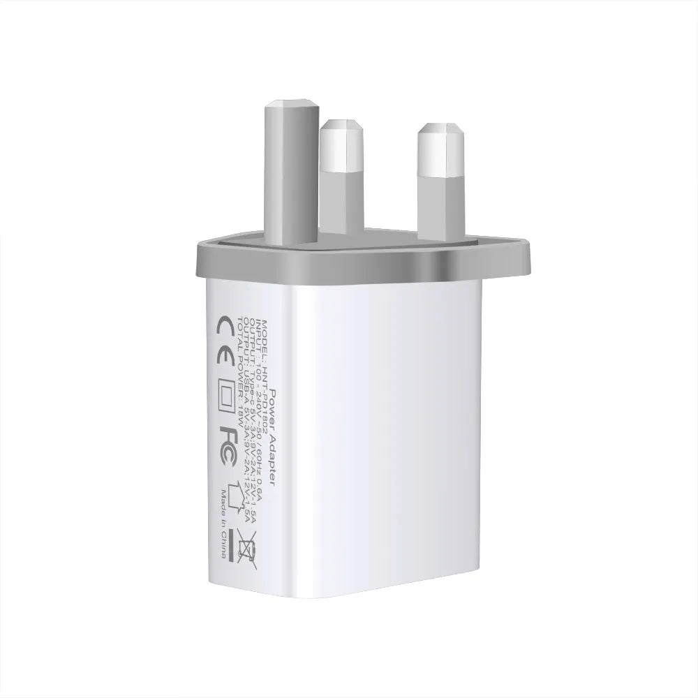 White 18W USB PD fast wall charger with dual ports and a choice of US, UK, or EU plug
