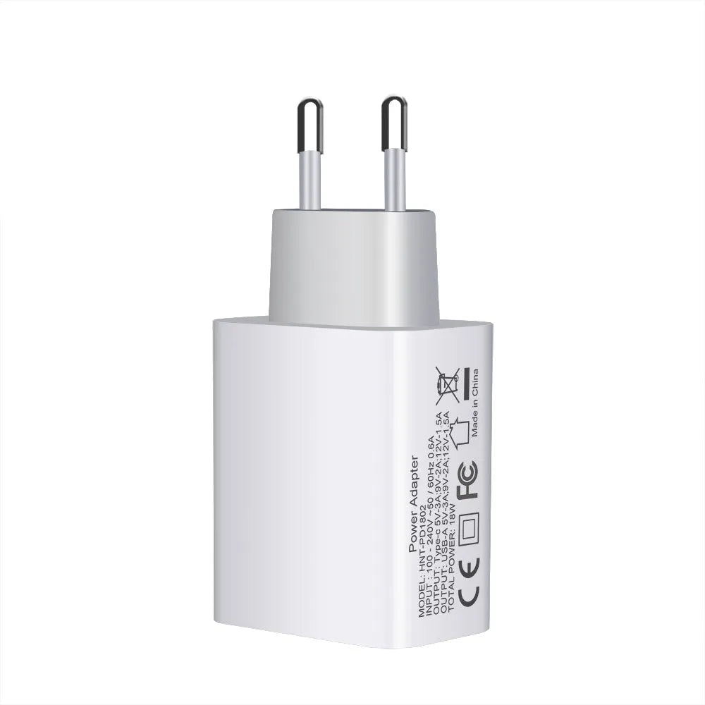 White 18W USB PD fast wall charger with dual ports and a choice of US, UK, or EU plug