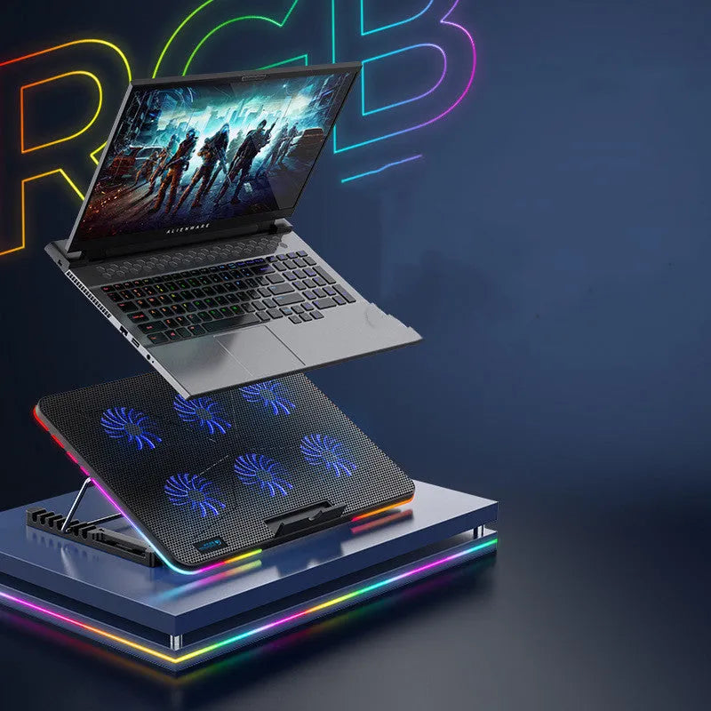 F5 notebook cooler with six fans, 27mm slim plastic body, RGB lighting option on a desk