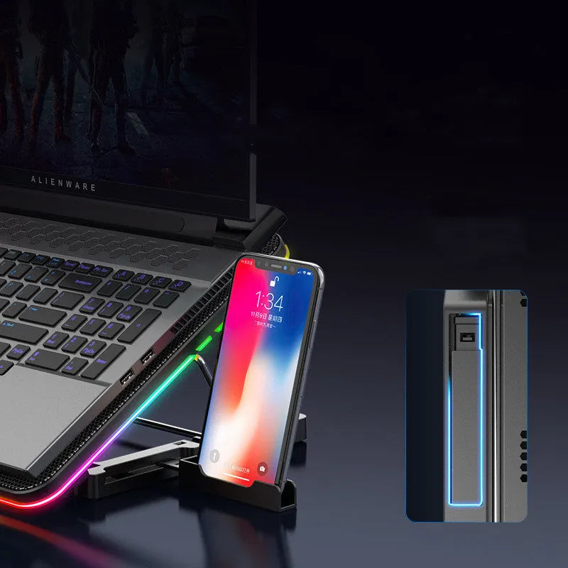 F5 notebook cooler with six fans, 27mm slim plastic body, RGB lighting option on a desk
