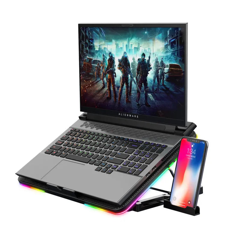 F5 notebook cooler with six fans, 27mm slim plastic body, RGB lighting option on a desk