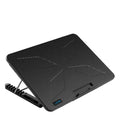 F5 notebook cooler with six fans, 27mm slim plastic body, RGB lighting option on a desk