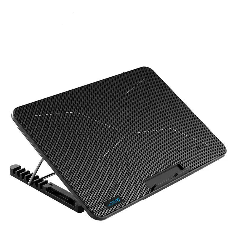 F5 notebook cooler with six fans, 27mm slim plastic body, RGB lighting option on a desk