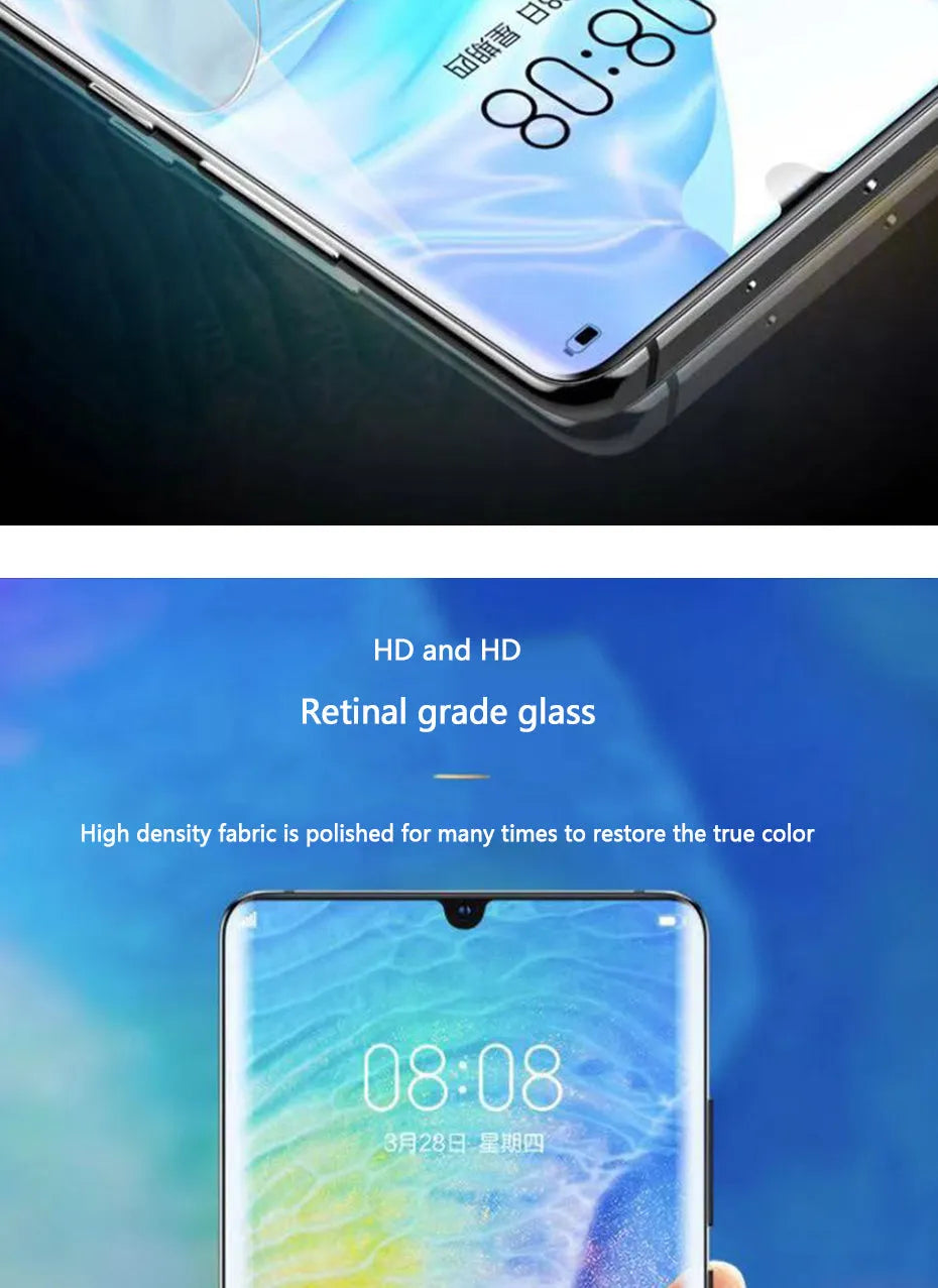 Three-pack of clear hydrogel screen protectors for Huawei and Honor mobile phones.