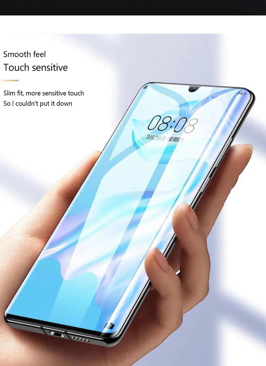 Three-pack of clear hydrogel screen protectors for Huawei and Honor mobile phones.