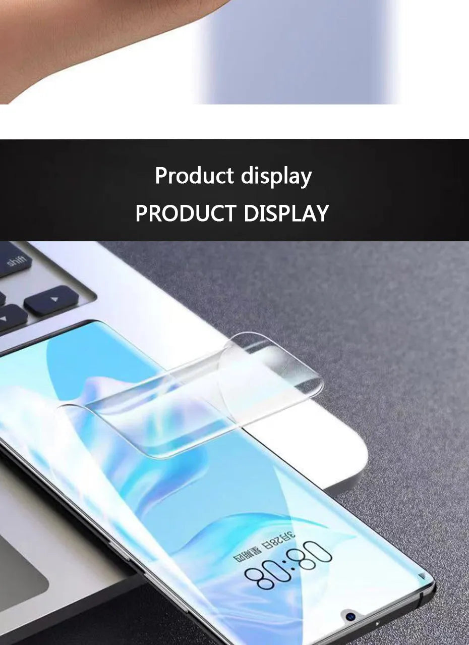 Three-pack of clear hydrogel screen protectors for Huawei and Honor mobile phones.