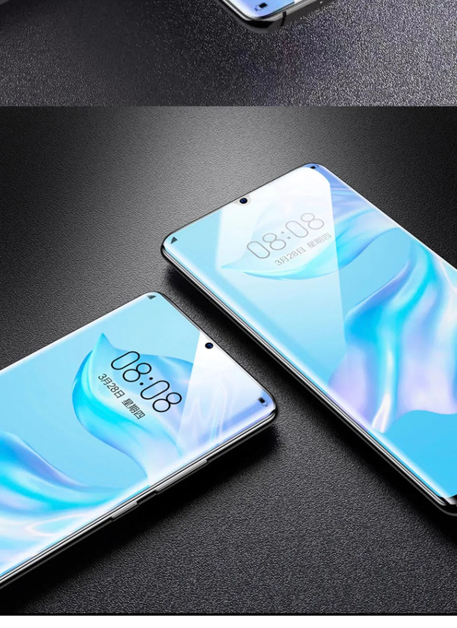 Three-pack of clear hydrogel screen protectors for Huawei and Honor mobile phones.