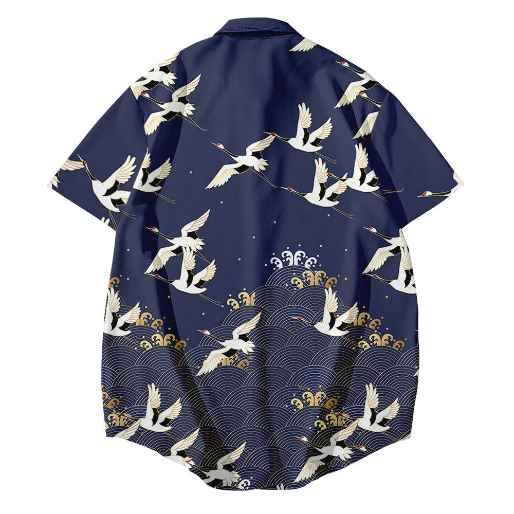 Bebovizix black Japanese kimono jacket with large crane print, stand-up collar, loose cardigan style