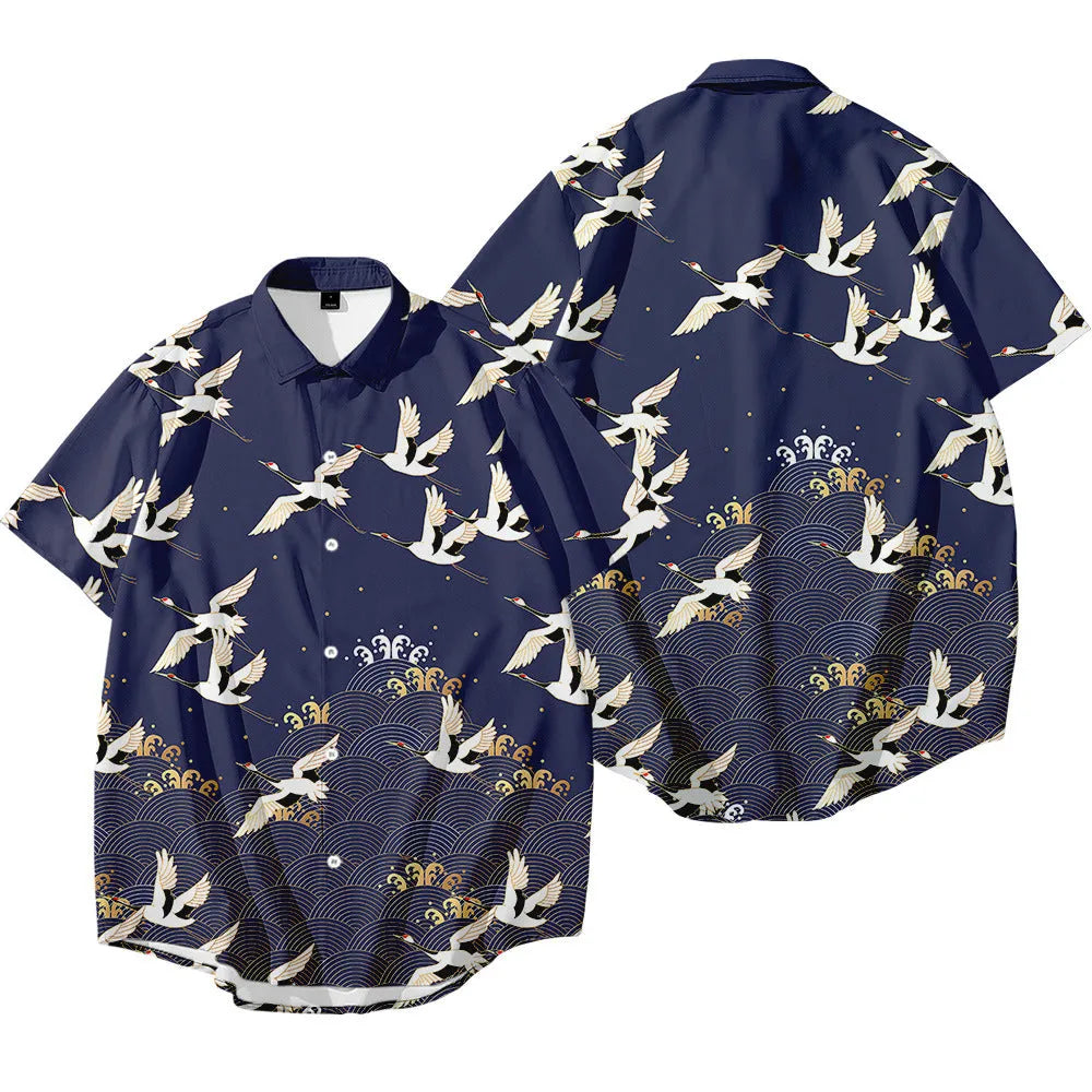 Bebovizix black Japanese kimono jacket with large crane print, stand-up collar, loose cardigan style
