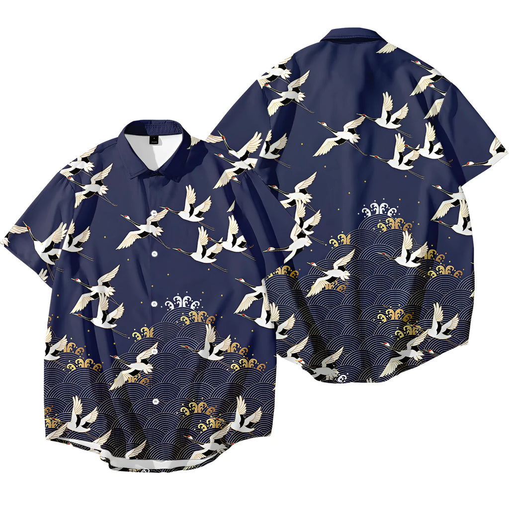 Bebovizix black Japanese kimono jacket with large crane print, stand-up collar, loose cardigan style