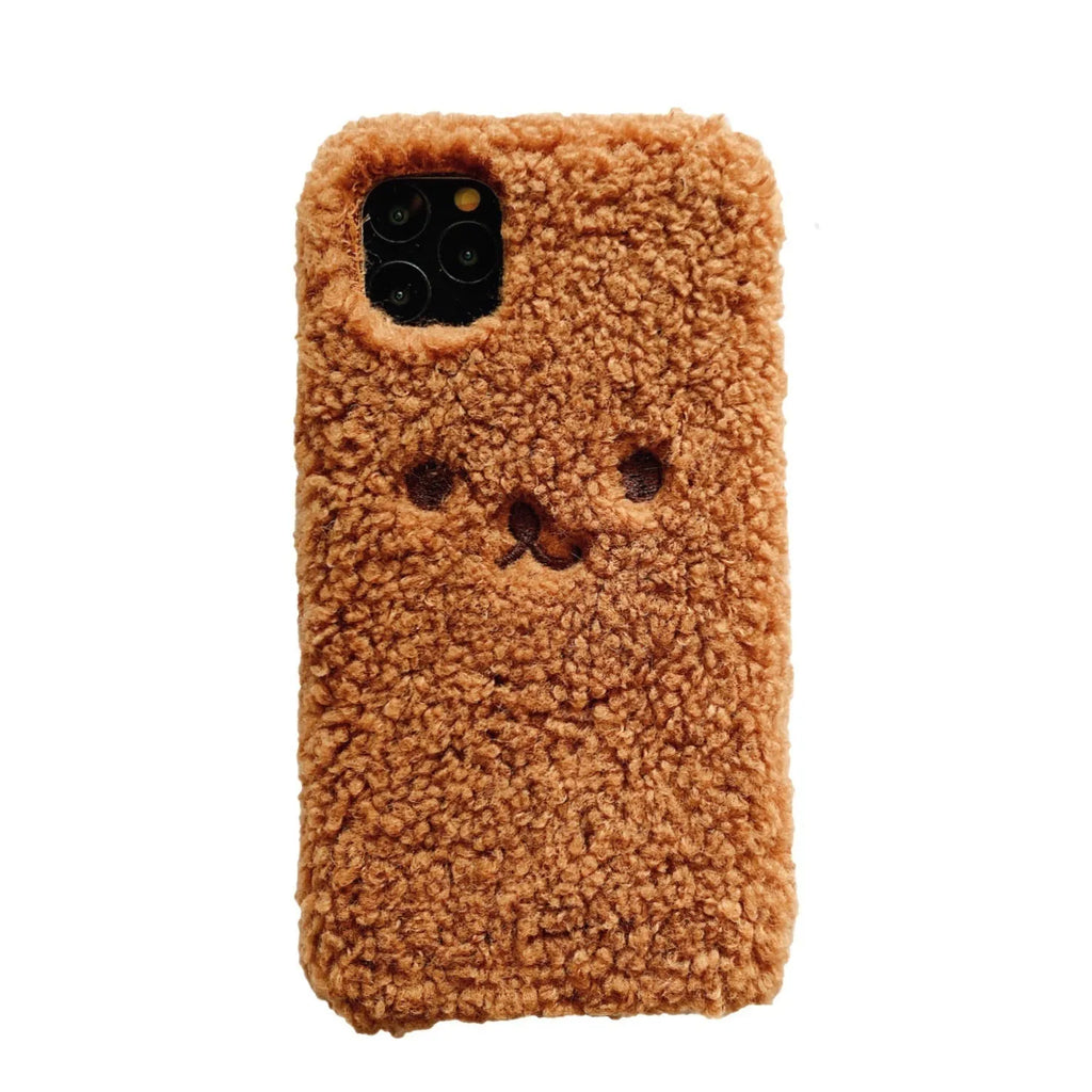 Brown and white embroidered plush bear face cartoon design on a soft TPU iPhone phone case.
