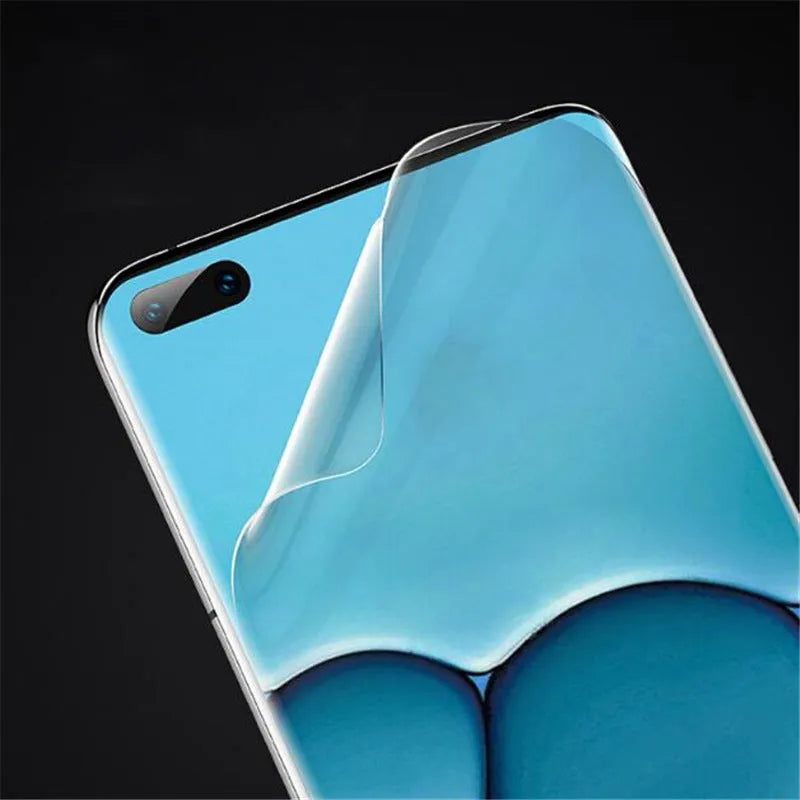 Three-pack of clear hydrogel screen protectors for Huawei and Honor mobile phones.