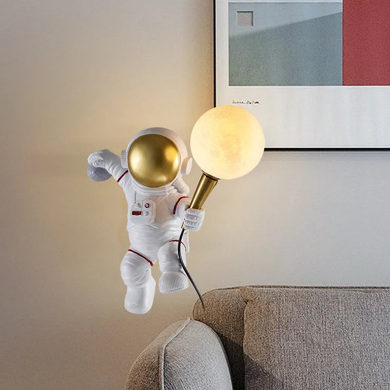 White astronaut desk lamp shown in seated, standing and wall mounted style options