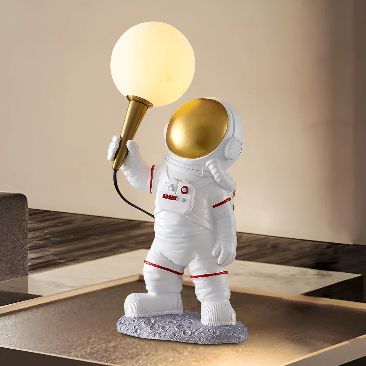 White astronaut desk lamp shown in seated, standing and wall mounted style options