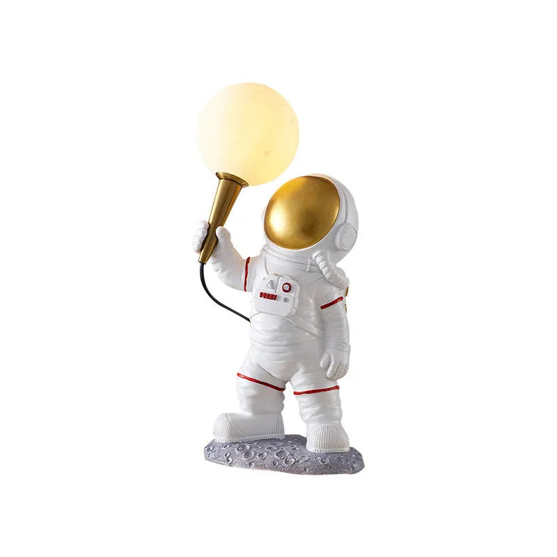 White astronaut desk lamp shown in seated, standing and wall mounted style options