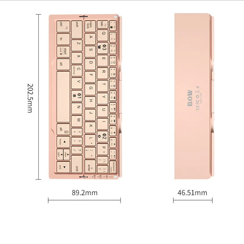 Silver white folding Bluetooth keyboard with integrated phone stand, shown open for typing and folded for storage