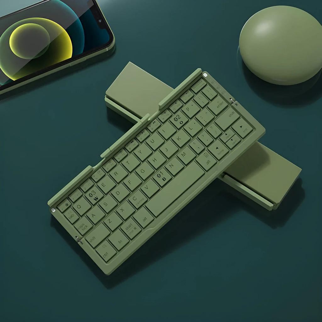 Silver white folding Bluetooth keyboard with integrated phone stand, shown open for typing and folded for storage
