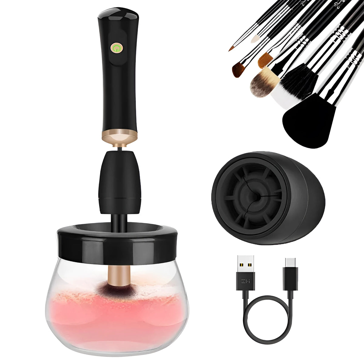 Electric Makeup Brush Cleaning Machine Scrubber Silicone Brush Handle Portable 3cm Hair Length Battery Operated Black White Handheld Washing Tower Device