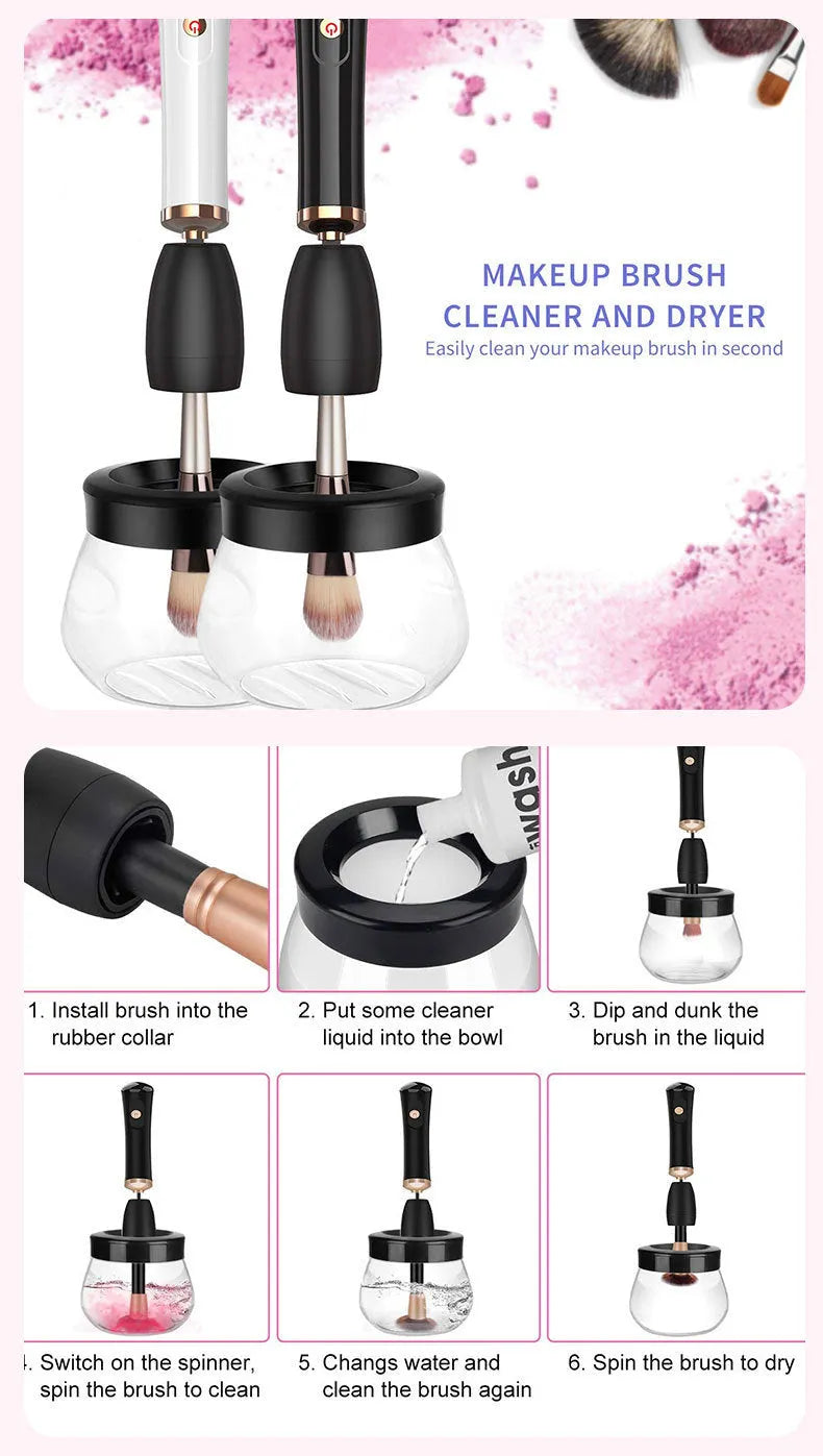 Electric Makeup Brush Cleaning Machine Scrubber Silicone Brush Handle Portable 3cm Hair Length Battery Operated Black White Handheld Washing Tower Device