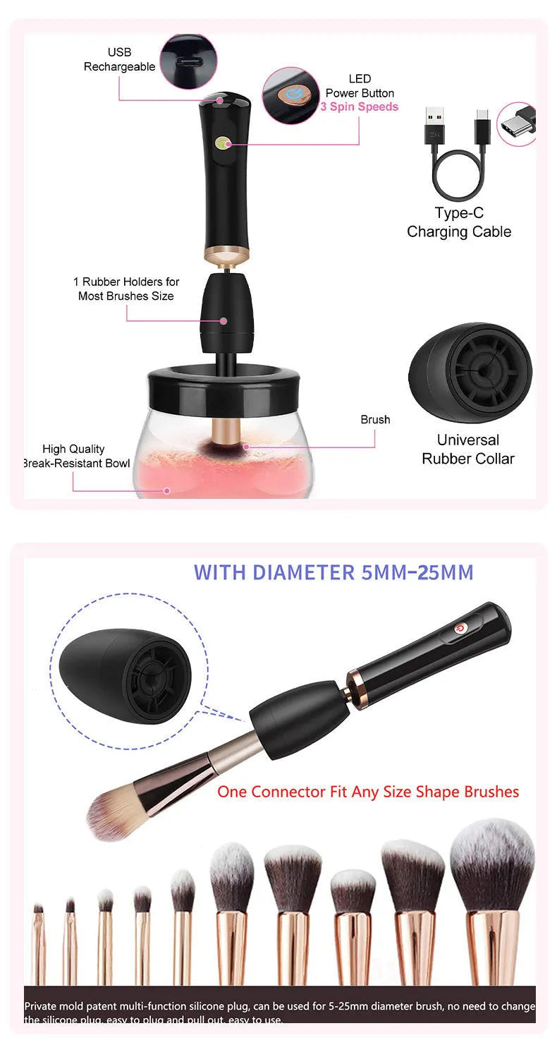 Electric Makeup Brush Cleaning Machine Scrubber Silicone Brush Handle Portable 3cm Hair Length Battery Operated Black White Handheld Washing Tower Device