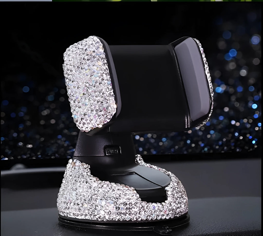Car mobile phone rack with rhinestone finish, dual-use air vent or dashboard mount, 360 rotation and silicone grip