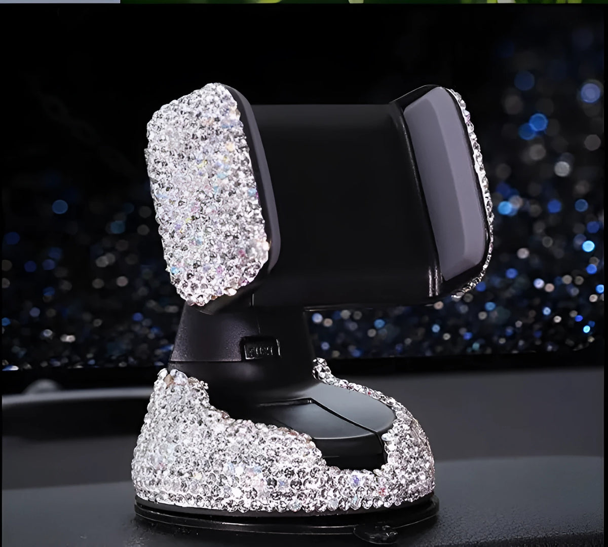 Car mobile phone rack with rhinestone finish, dual-use air vent or dashboard mount, 360 rotation and silicone grip