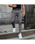 Men's loose thin mid-waist button placket casual trousers with grid pattern and pocket decoration in khaki