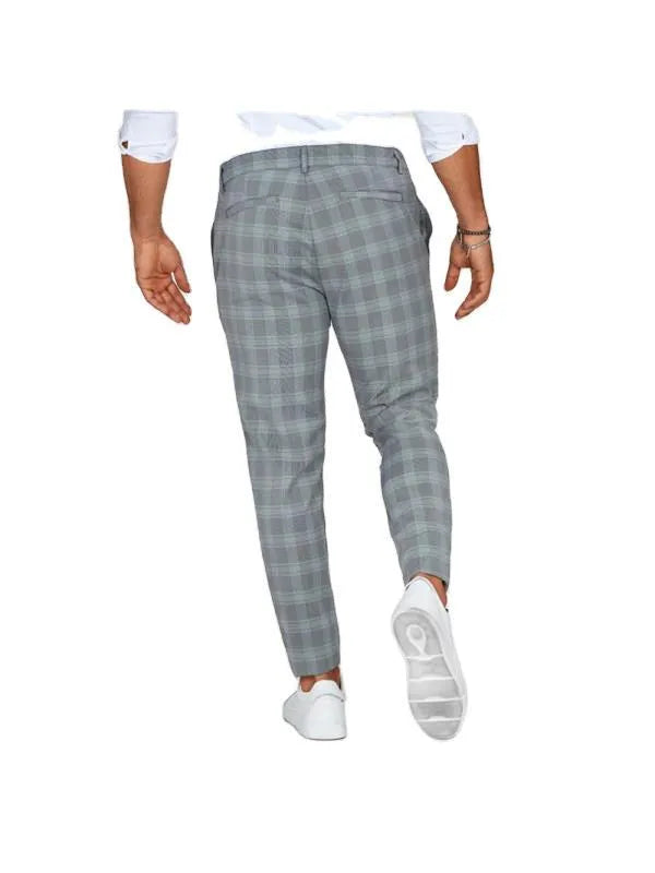 Men's loose thin mid-waist button placket casual trousers with grid pattern and pocket decoration in khaki