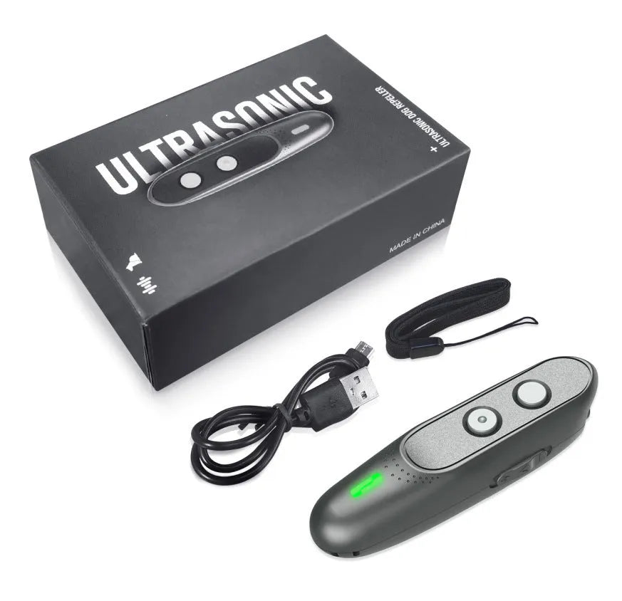 Black handheld ultrasonic pet trainer with hanging string, 10m range for outdoor dog training