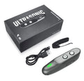 Black handheld ultrasonic pet trainer with hanging string, 10m range for outdoor dog training