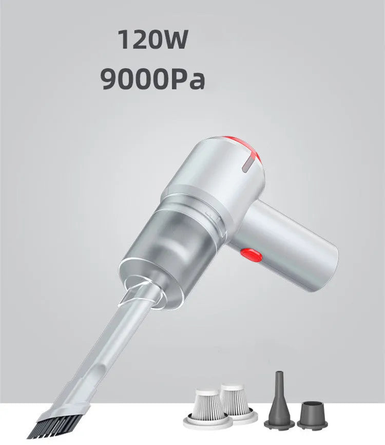 Black or white wireless car mini vacuum cleaner with 9000 mbar suction, wet and dry use, ABS body, and optional filter elements.