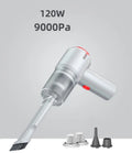 Black or white wireless car mini vacuum cleaner with 9000 mbar suction, wet and dry use, ABS body, and optional filter elements.