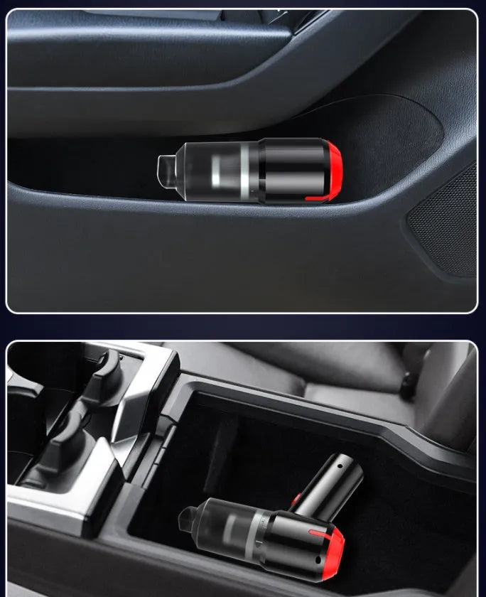 Black or white wireless car mini vacuum cleaner with 9000 mbar suction, wet and dry use, ABS body, and optional filter elements.