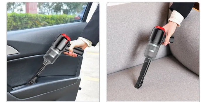 Black or white wireless car mini vacuum cleaner with 9000 mbar suction, wet and dry use, ABS body, and optional filter elements.